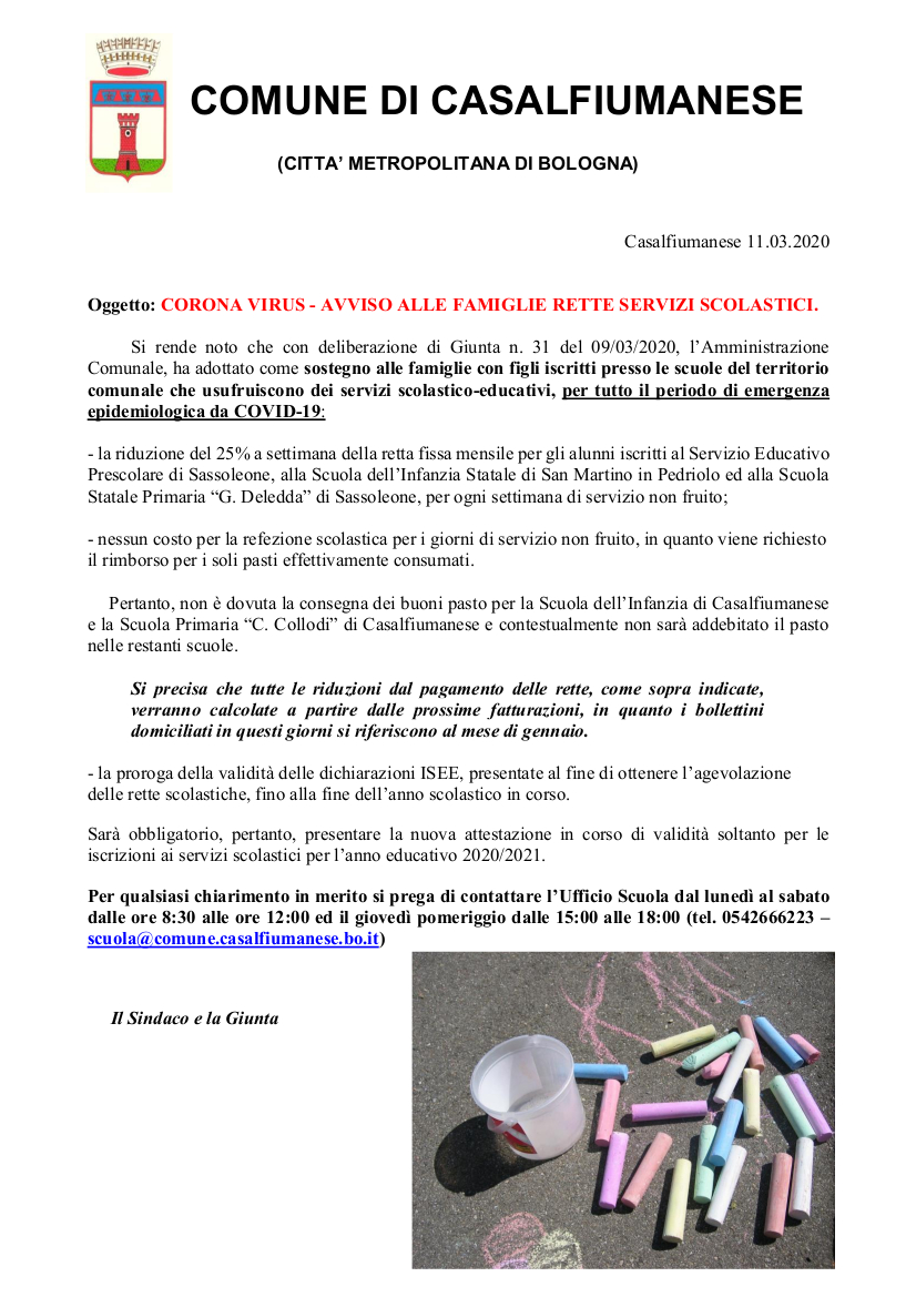 Coronavirus - comunicazione pagamento rette scolastiche 