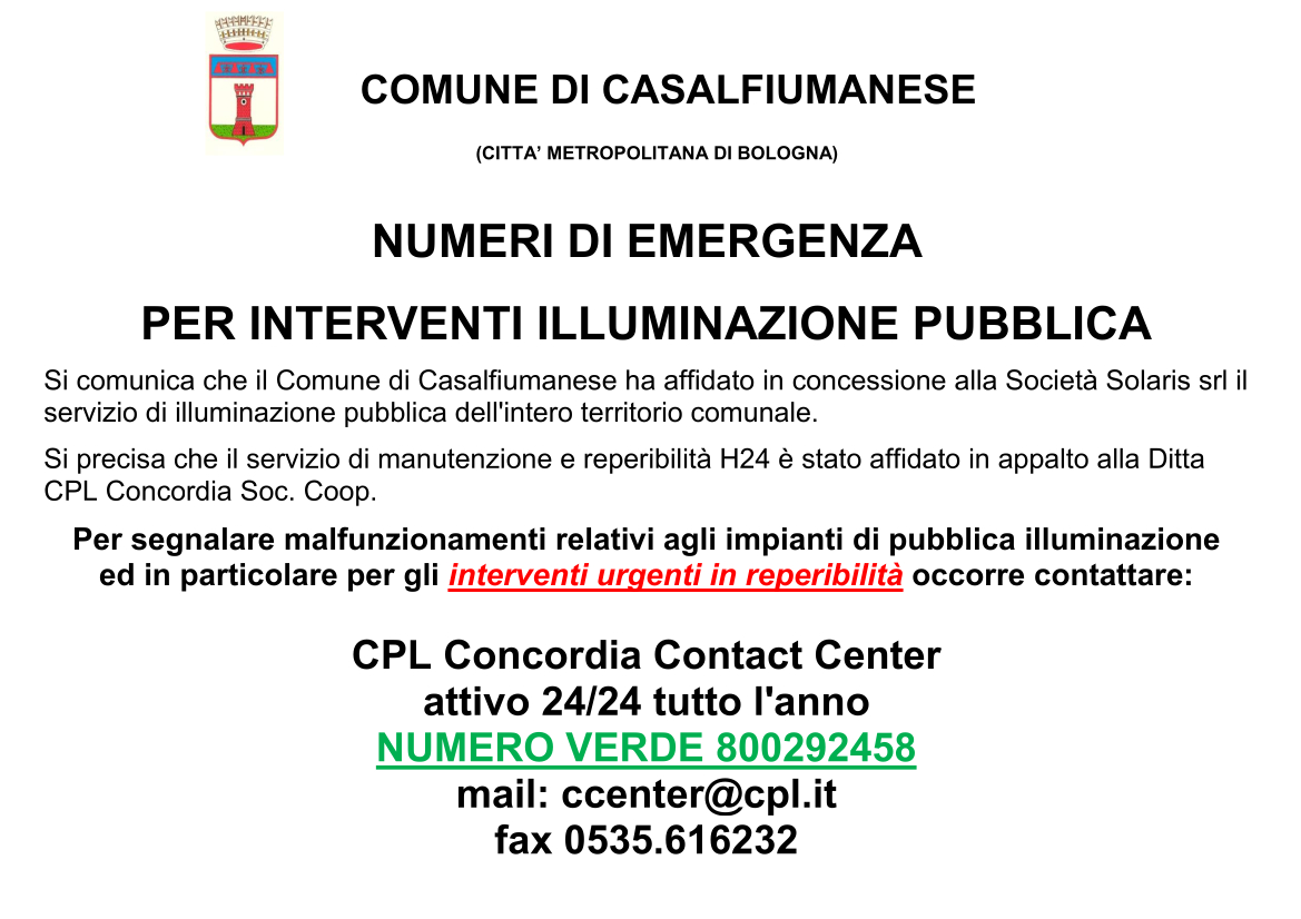 Numeri di emergenza per interventi illuminazione pubblica